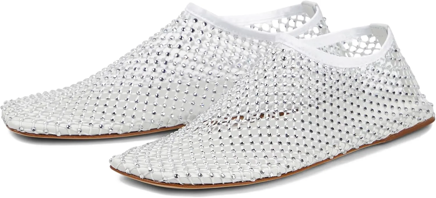 Crystal-Embellished Mesh Flats Square Toe Rhinestone Ballet Flat Slip On Ballerina Shoes Comfort Casual Glitter Flat Shoe for Woman