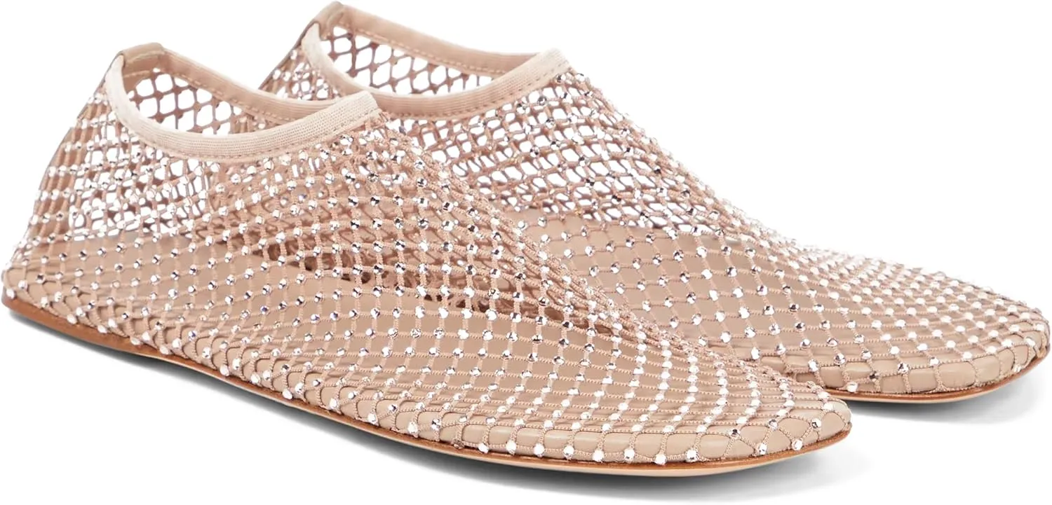 Crystal-Embellished Mesh Flats Square Toe Rhinestone Ballet Flat Slip On Ballerina Shoes Comfort Casual Glitter Flat Shoe for Woman