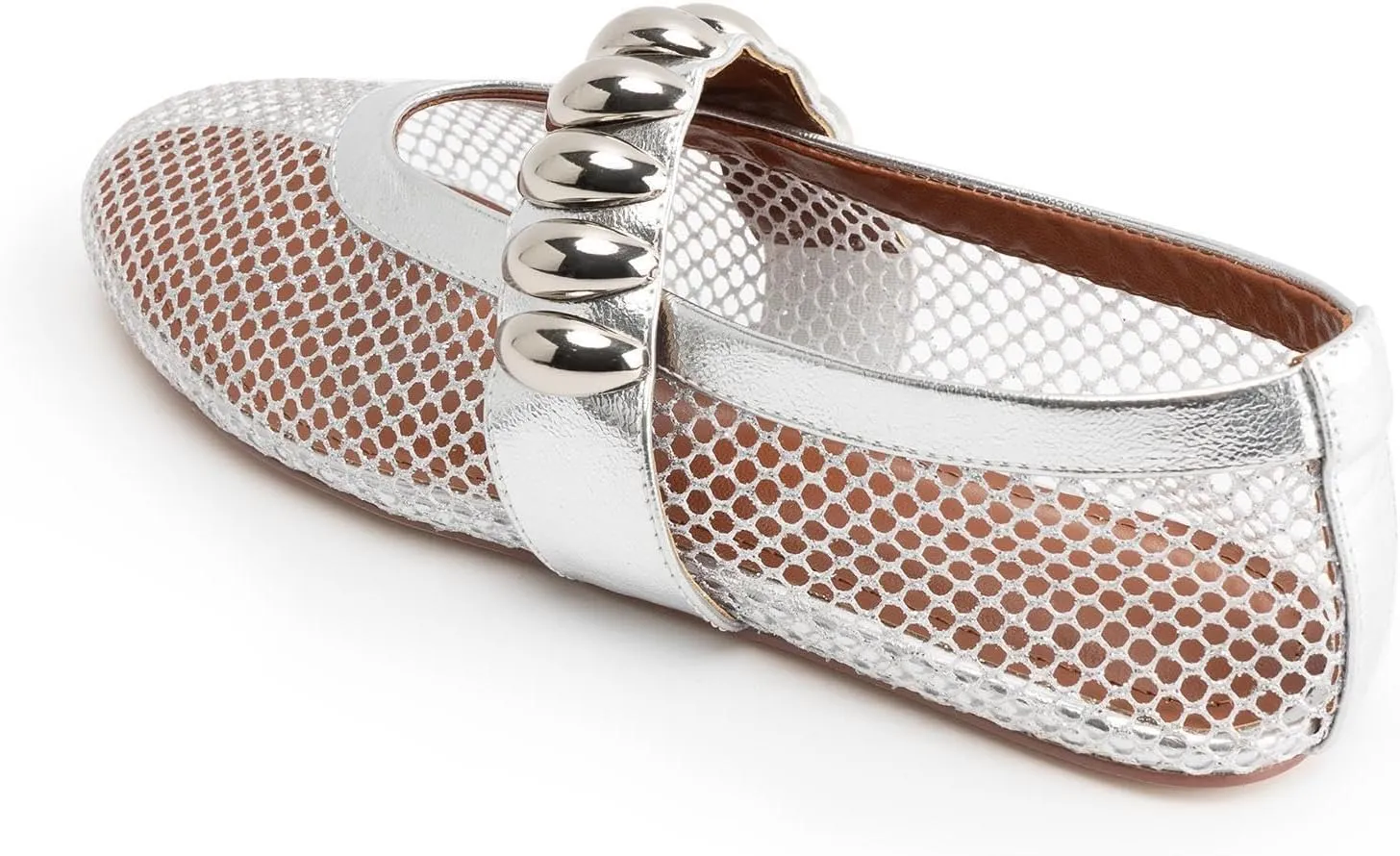 DREAMCIA Mesh Ballet Flats Rhinestone Buckle Strap Embellished Ballerina Shoes Fishnet Mary Jane Flats Metallic Gem Slip-on Round Toe for Women Comfy Casual Office Daily Shoes
