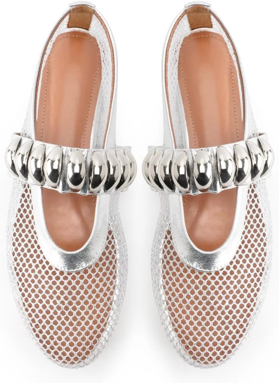 DREAMCIA Mesh Ballet Flats Rhinestone Buckle Strap Embellished Ballerina Shoes Fishnet Mary Jane Flats Metallic Gem Slip-on Round Toe for Women Comfy Casual Office Daily Shoes