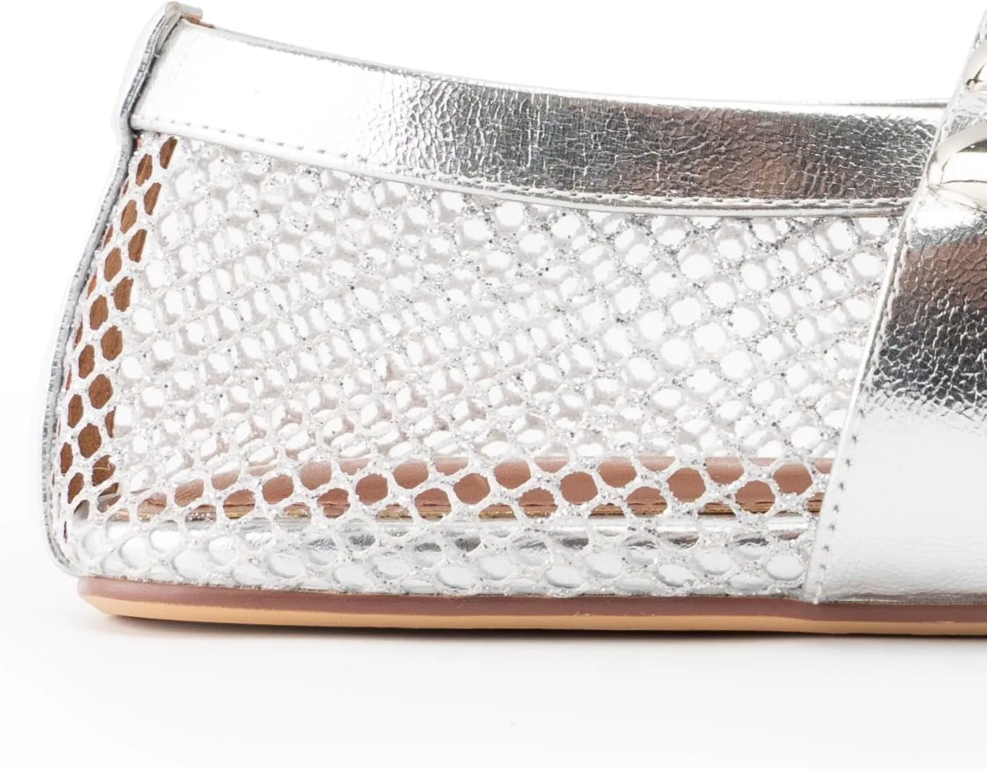 DREAMCIA Mesh Ballet Flats Rhinestone Buckle Strap Embellished Ballerina Shoes Fishnet Mary Jane Flats Metallic Gem Slip-on Round Toe for Women Comfy Casual Office Daily Shoes