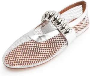 DREAMCIA Mesh Ballet Flats Rhinestone Buckle Strap Embellished Ballerina Shoes Fishnet Mary Jane Flats Metallic Gem Slip-on Round Toe for Women Comfy Casual Office Daily Shoes