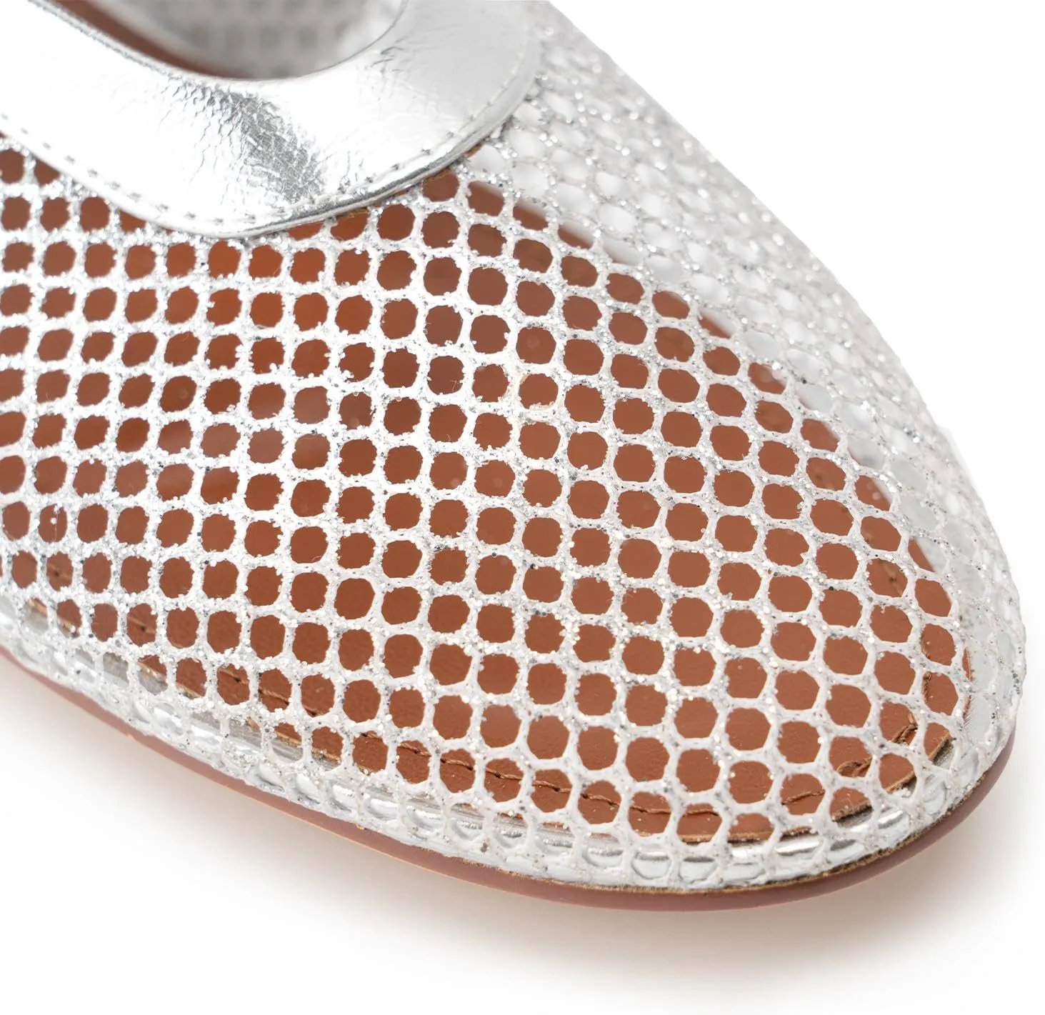 DREAMCIA Mesh Ballet Flats Rhinestone Buckle Strap Embellished Ballerina Shoes Fishnet Mary Jane Flats Metallic Gem Slip-on Round Toe for Women Comfy Casual Office Daily Shoes