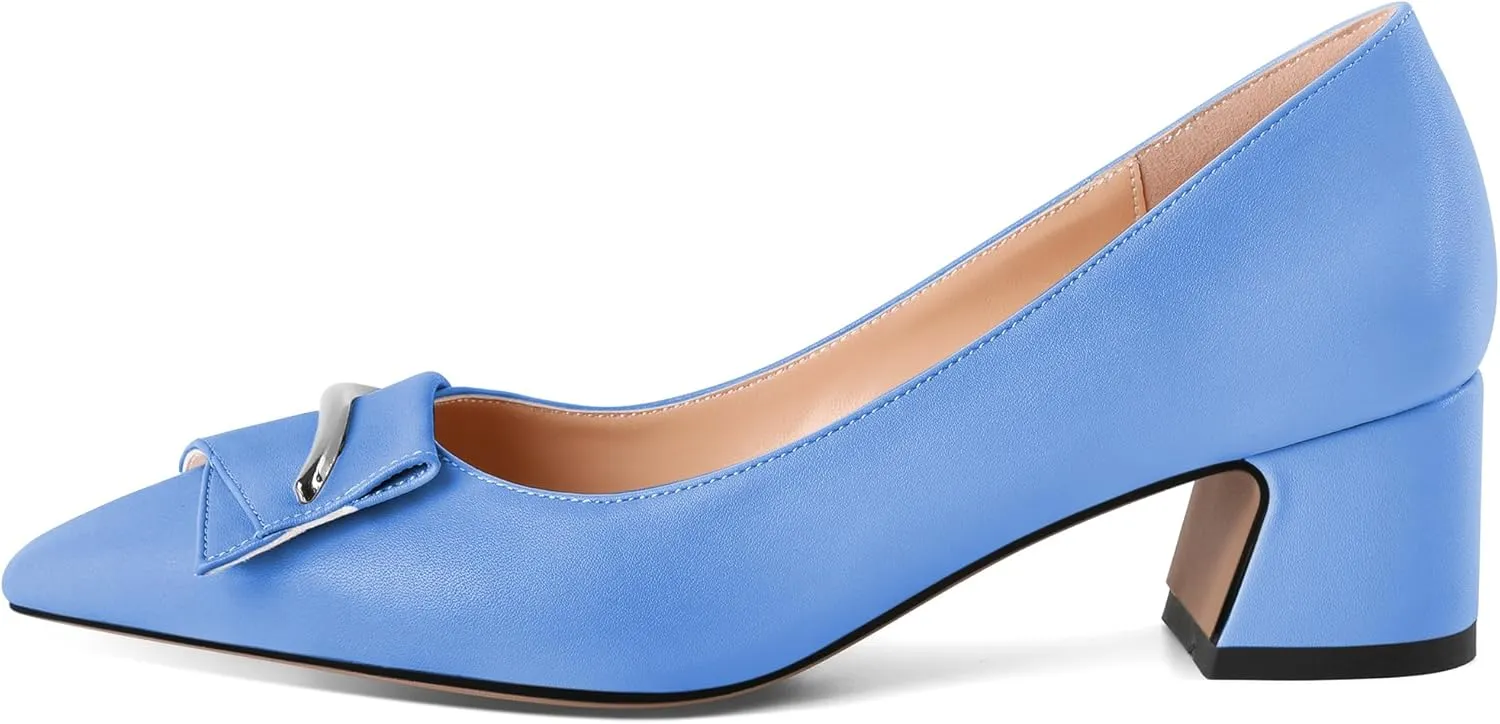 Eldof Block Heels Pumps for Women Pointed Toe Slip on Low Chunky Heeled Bow Heels Classic Low Heel Dress Shoes for Office Wedding Work Evening 2 Inches