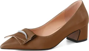 Eldof Block Heels Pumps for Women Pointed Toe Slip on Low Chunky Heeled Bow Heels Classic Low Heel Dress Shoes for Office Wedding Work Evening 2 Inches