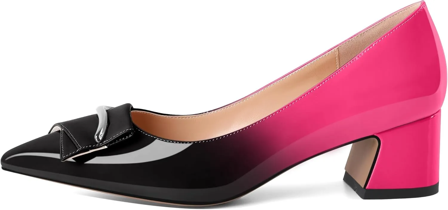 Eldof Block Heels Pumps for Women Pointed Toe Slip on Low Chunky Heeled Bow Heels Classic Low Heel Dress Shoes for Office Wedding Work Evening 2 Inches