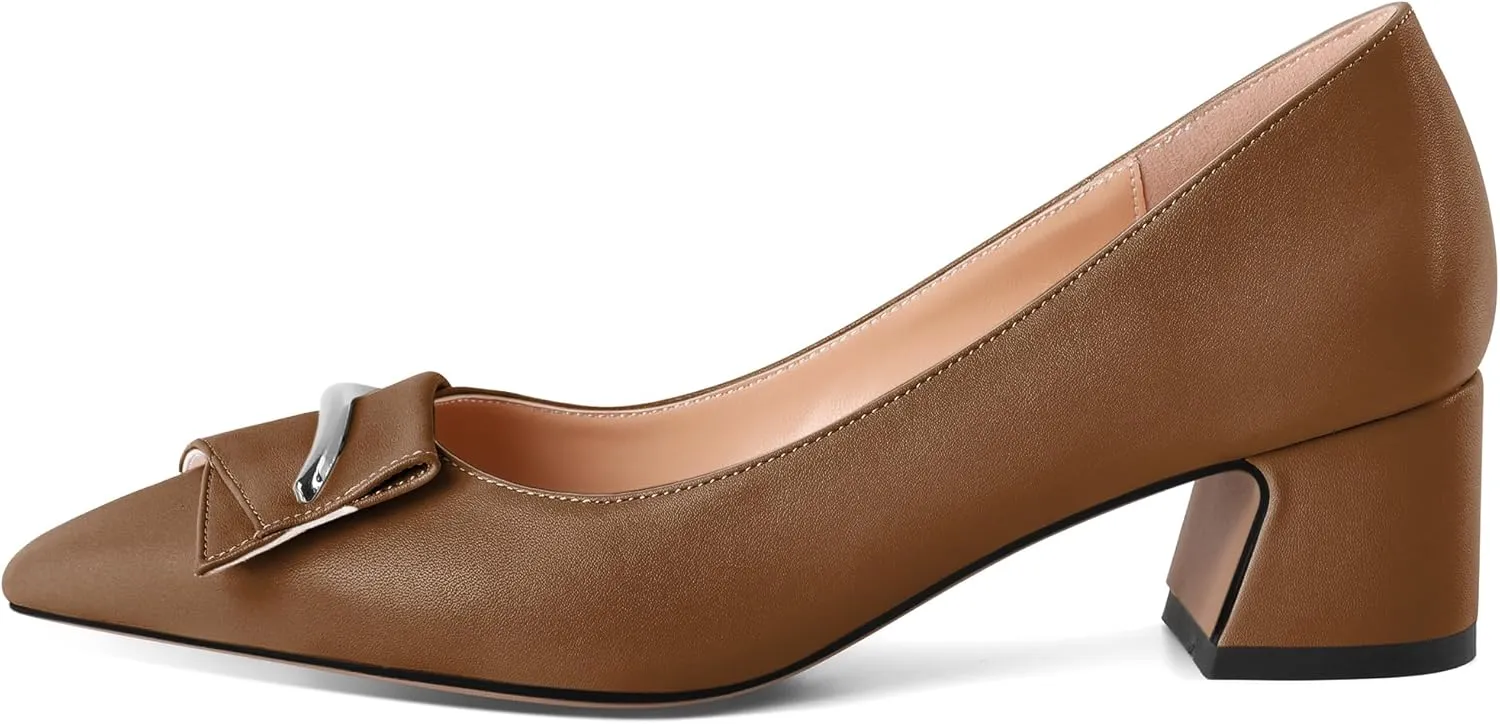 Eldof Block Heels Pumps for Women Pointed Toe Slip on Low Chunky Heeled Bow Heels Classic Low Heel Dress Shoes for Office Wedding Work Evening 2 Inches