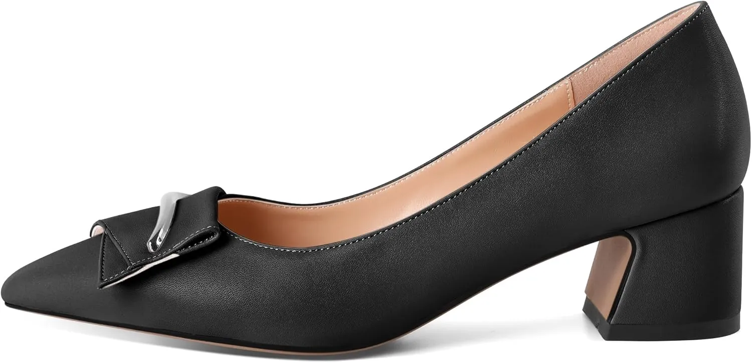 Eldof Block Heels Pumps for Women Pointed Toe Slip on Low Chunky Heeled Bow Heels Classic Low Heel Dress Shoes for Office Wedding Work Evening 2 Inches