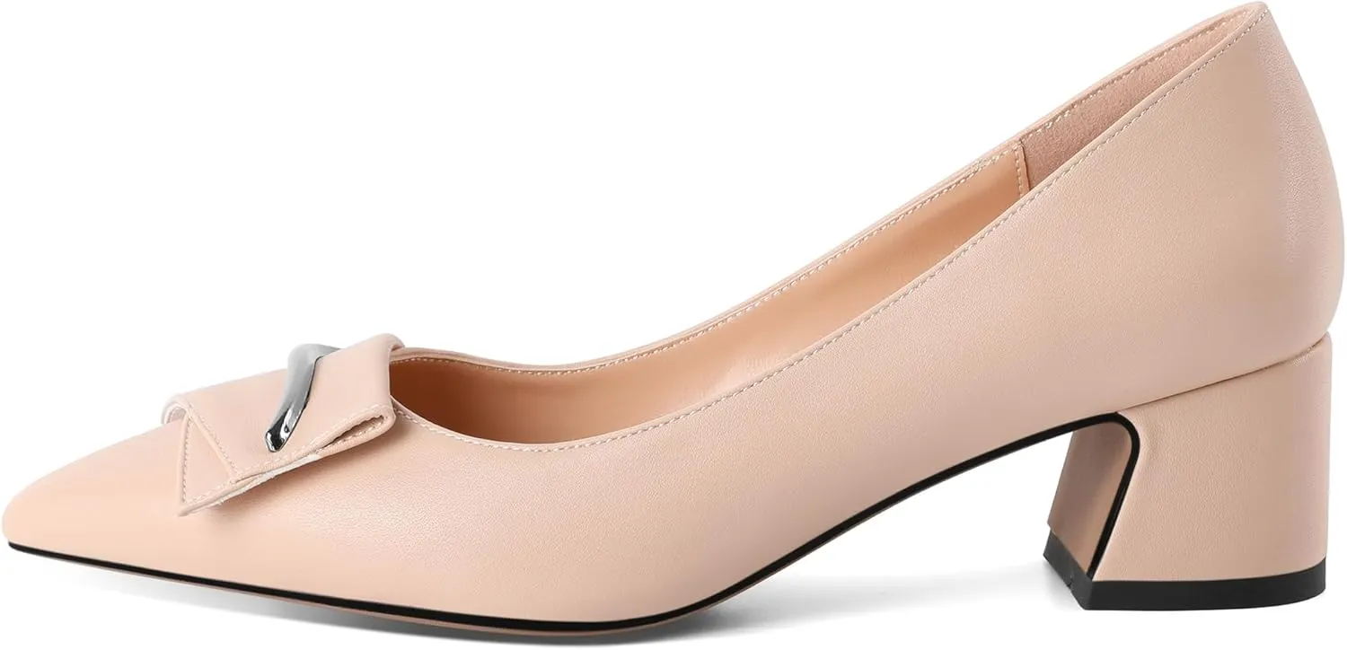 Eldof Block Heels Pumps for Women Pointed Toe Slip on Low Chunky Heeled Bow Heels Classic Low Heel Dress Shoes for Office Wedding Work Evening 2 Inches