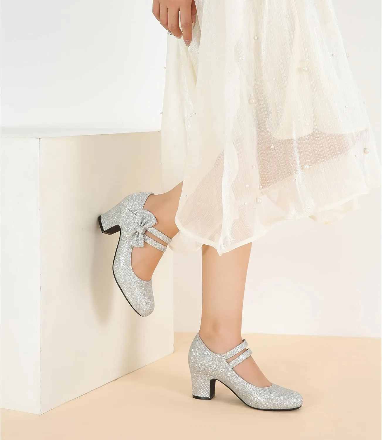 Enelauge Women's Mary Jane Heels with Bow Retro Closed Round Toe Pumps Sweet Ankle Strap Low Block Heels Chic Bowtie Vintage Dress Wedding Party Office Daily Shoes