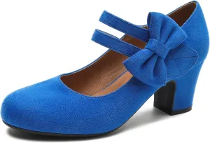 Enelauge Women's Mary Jane Heels with Bow Retro Closed Round Toe Pumps Sweet Ankle Strap Low Block Heels Chic Bowtie Vintage Dress Wedding Party Office Daily Shoes
