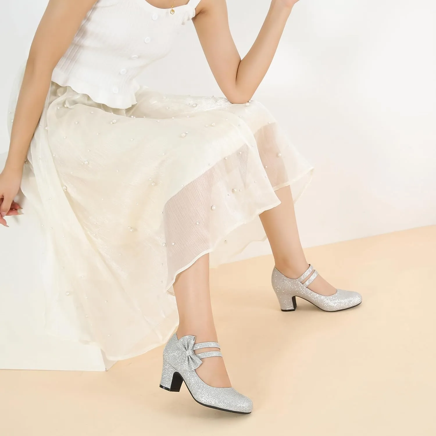 Enelauge Women's Mary Jane Heels with Bow Retro Closed Round Toe Pumps Sweet Ankle Strap Low Block Heels Chic Bowtie Vintage Dress Wedding Party Office Daily Shoes