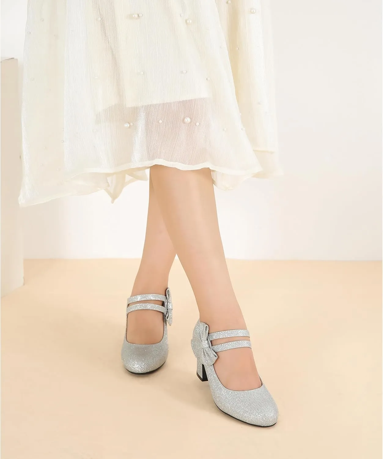 Enelauge Women's Mary Jane Heels with Bow Retro Closed Round Toe Pumps Sweet Ankle Strap Low Block Heels Chic Bowtie Vintage Dress Wedding Party Office Daily Shoes