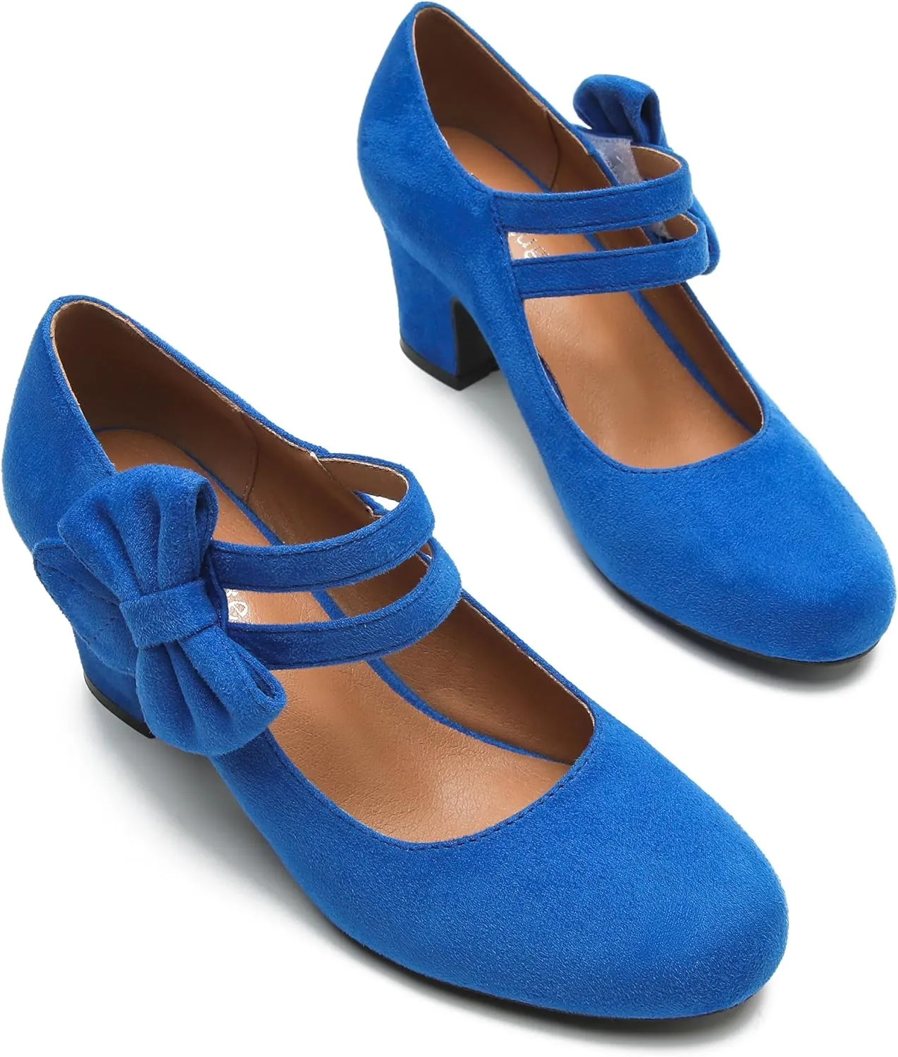 Enelauge Women's Mary Jane Heels with Bow Retro Closed Round Toe Pumps Sweet Ankle Strap Low Block Heels Chic Bowtie Vintage Dress Wedding Party Office Daily Shoes