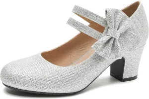 Enelauge Women's Mary Jane Heels with Bow Retro Closed Round Toe Pumps Sweet Ankle Strap Low Block Heels Chic Bowtie Vintage Dress Wedding Party Office Daily Shoes