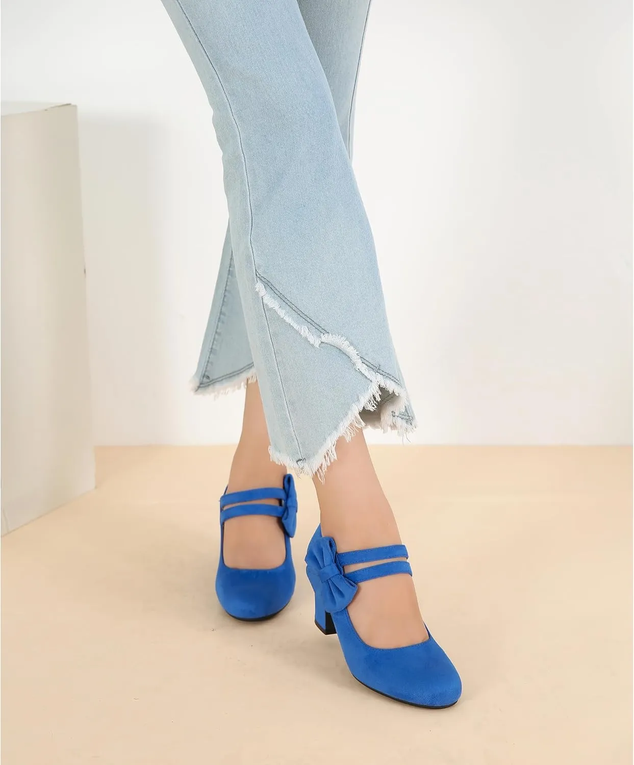Enelauge Women's Mary Jane Heels with Bow Retro Closed Round Toe Pumps Sweet Ankle Strap Low Block Heels Chic Bowtie Vintage Dress Wedding Party Office Daily Shoes