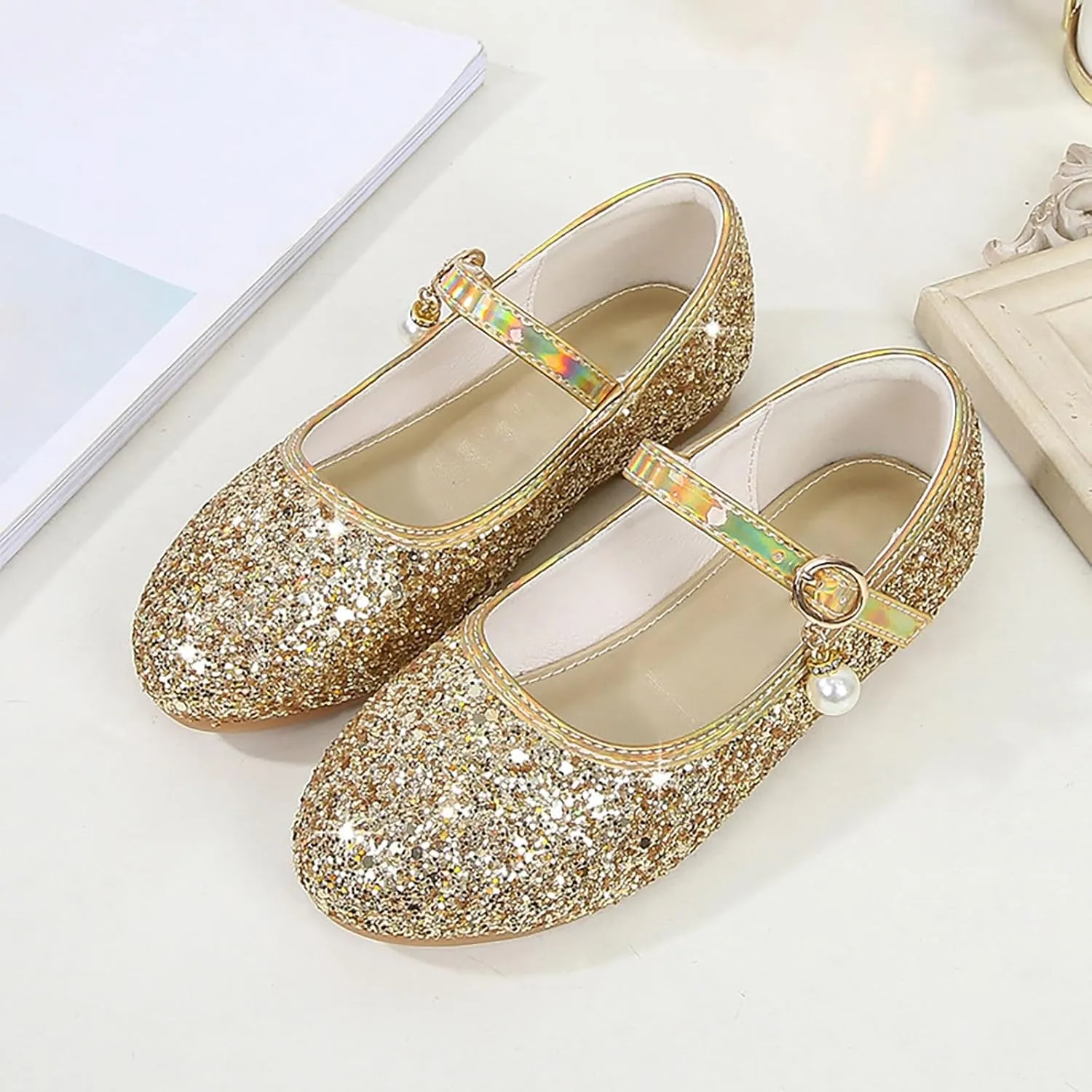 Flower Girls Dress Shoes Glitter Ballet Flat for Toddler Wedding Pary School Fashion Buckle Mary Jane Slippers Kids