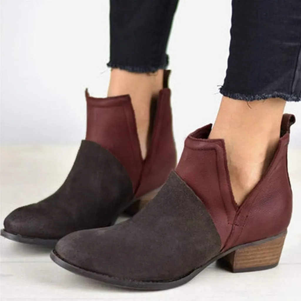 Gibobby Ankle Booties for Women V Cut,Chelsea Boots Slip on Ankle Boots Chunky Pointed Toe Cutout Low Heel Shoes