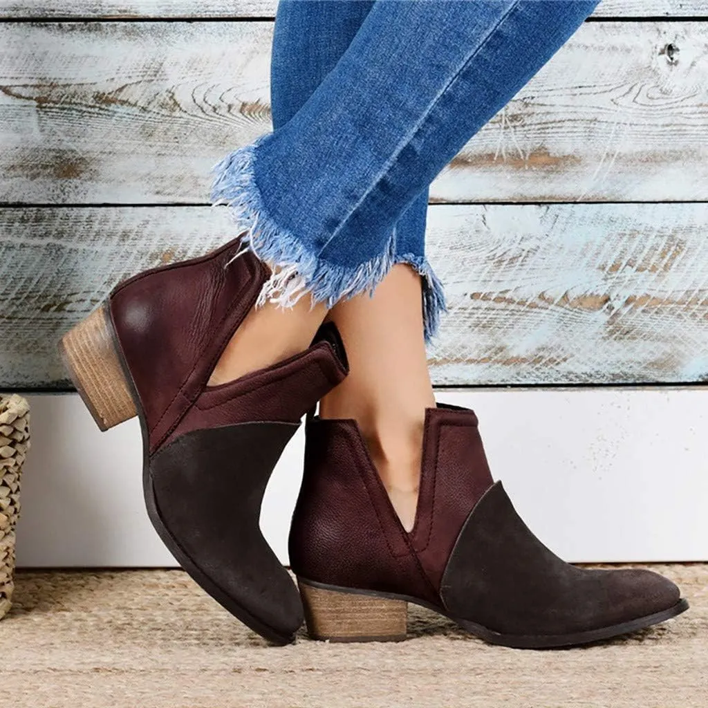 Gibobby Ankle Booties for Women V Cut,Chelsea Boots Slip on Ankle Boots Chunky Pointed Toe Cutout Low Heel Shoes