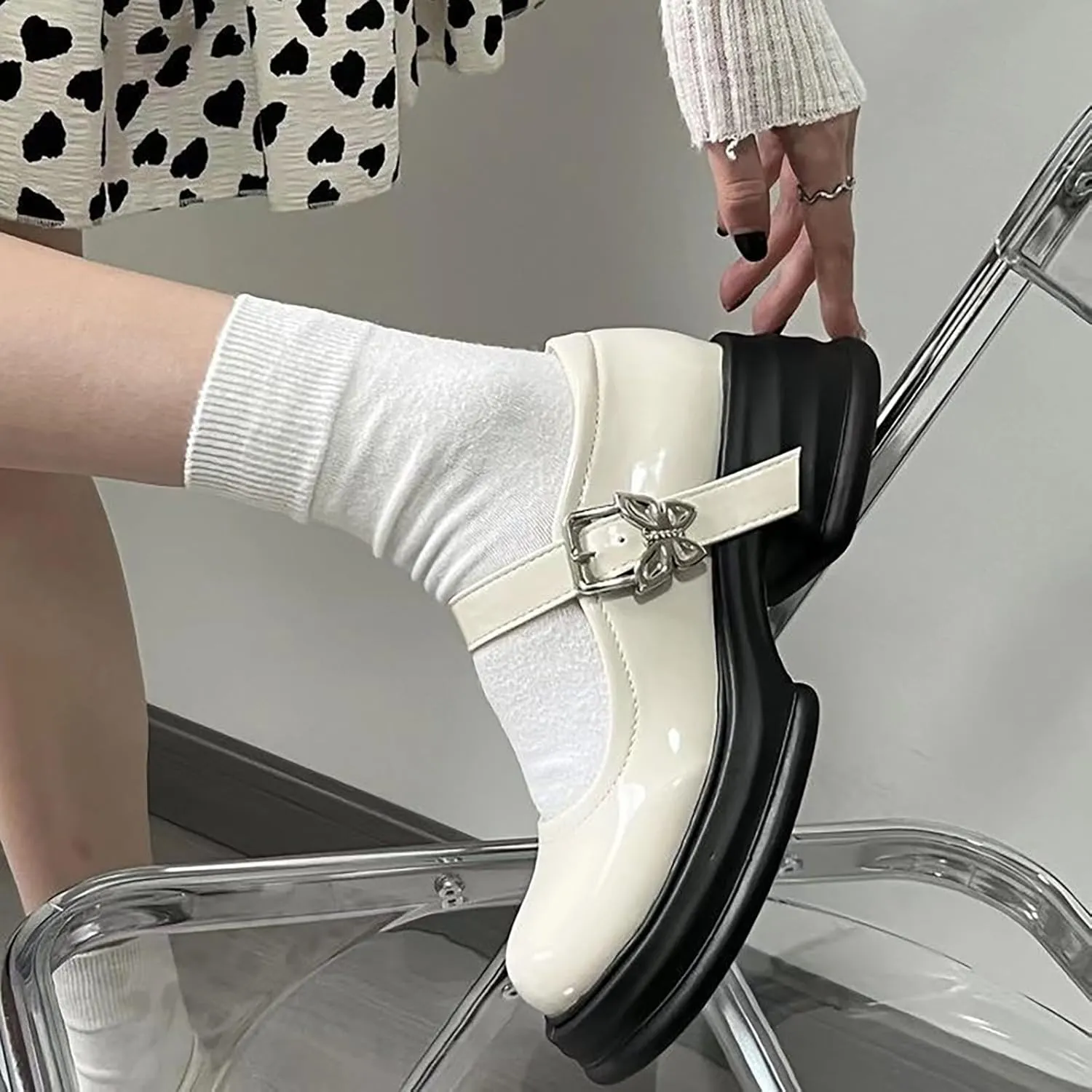 Girls Chunky Mary Jane Platform Shoes Dress Chunky Heels Leather Loafers for Girl Uniform P𝐚tent Pumps Slip On Shoes