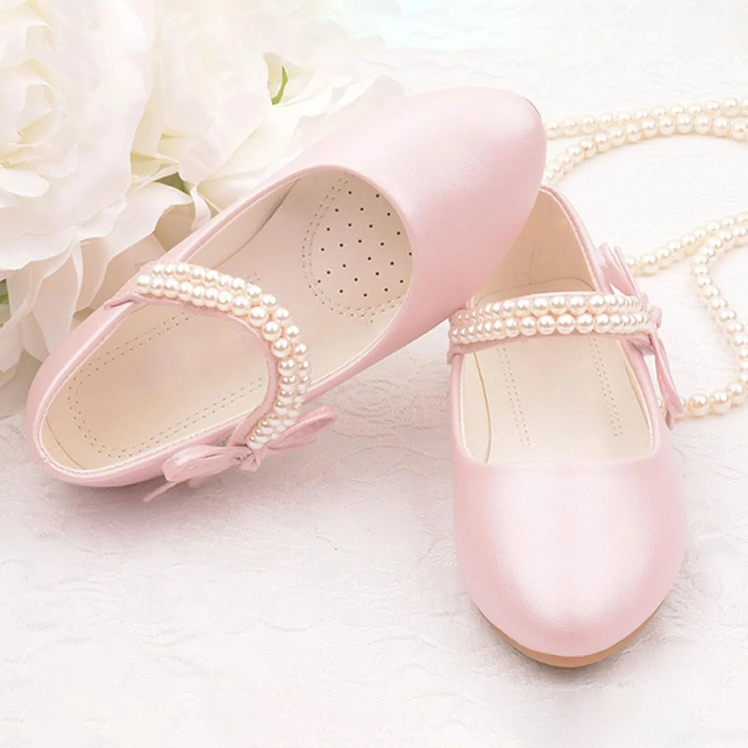 Girls Dress Ballet Shoes Toddler Flower School Uniform Shoes Little Kid Ballet Flat Pearl Strap for Wedding Part