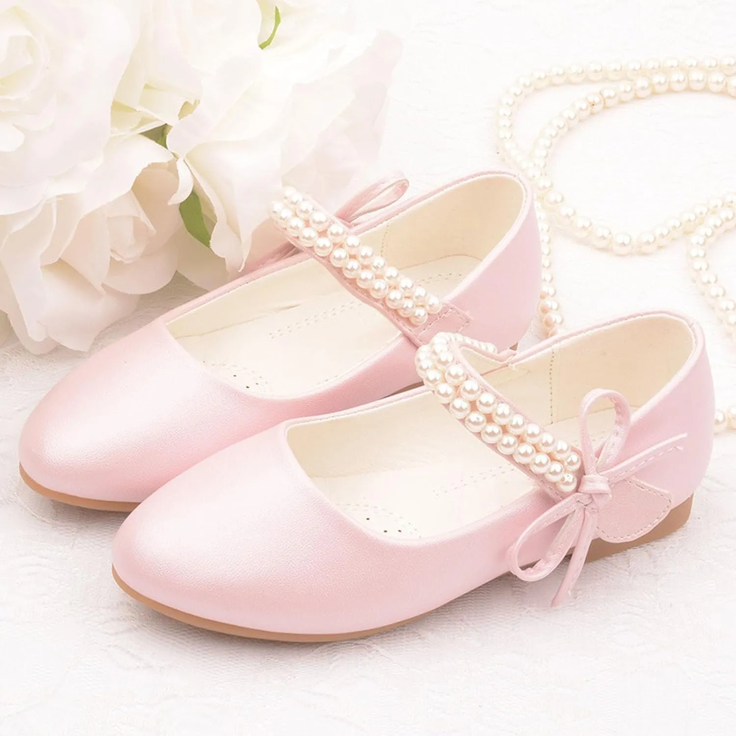Girls Dress Ballet Shoes Toddler Flower School Uniform Shoes Little Kid Ballet Flat Pearl Strap for Wedding Part