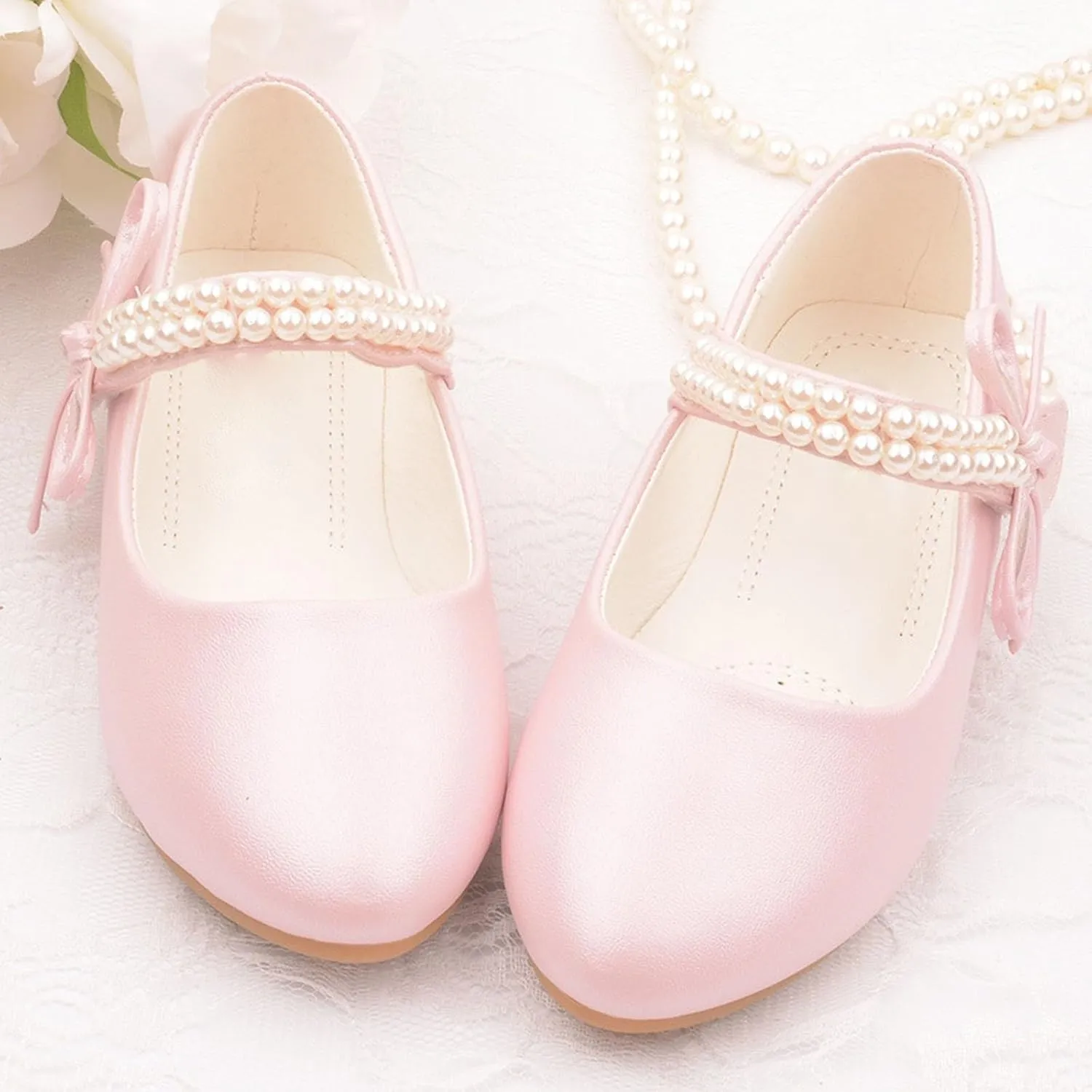 Girls Dress Ballet Shoes Toddler Flower School Uniform Shoes Little Kid Ballet Flat Pearl Strap for Wedding Part
