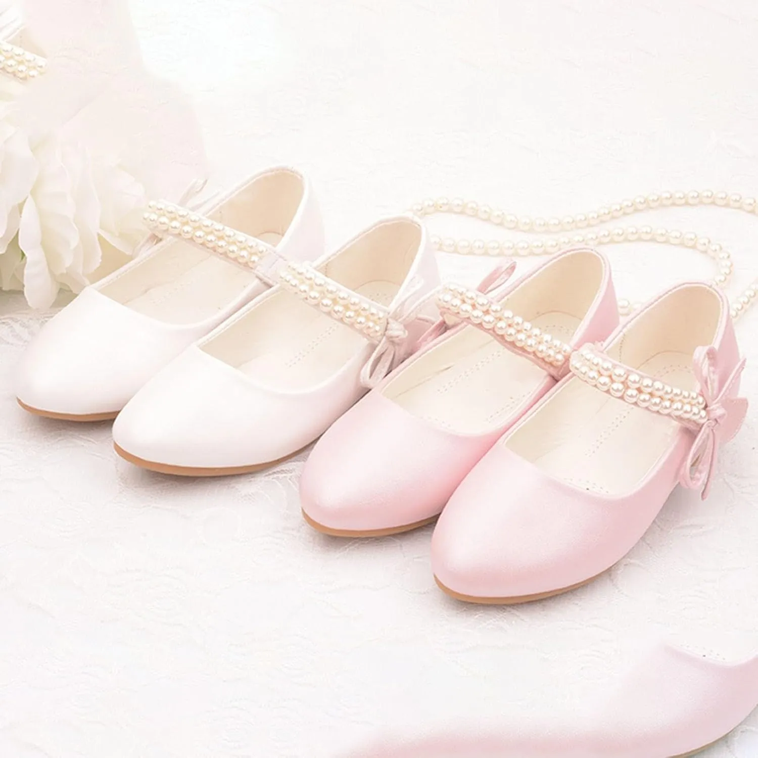 Girls Dress Ballet Shoes Toddler Flower School Uniform Shoes Little Kid Ballet Flat Pearl Strap for Wedding Part