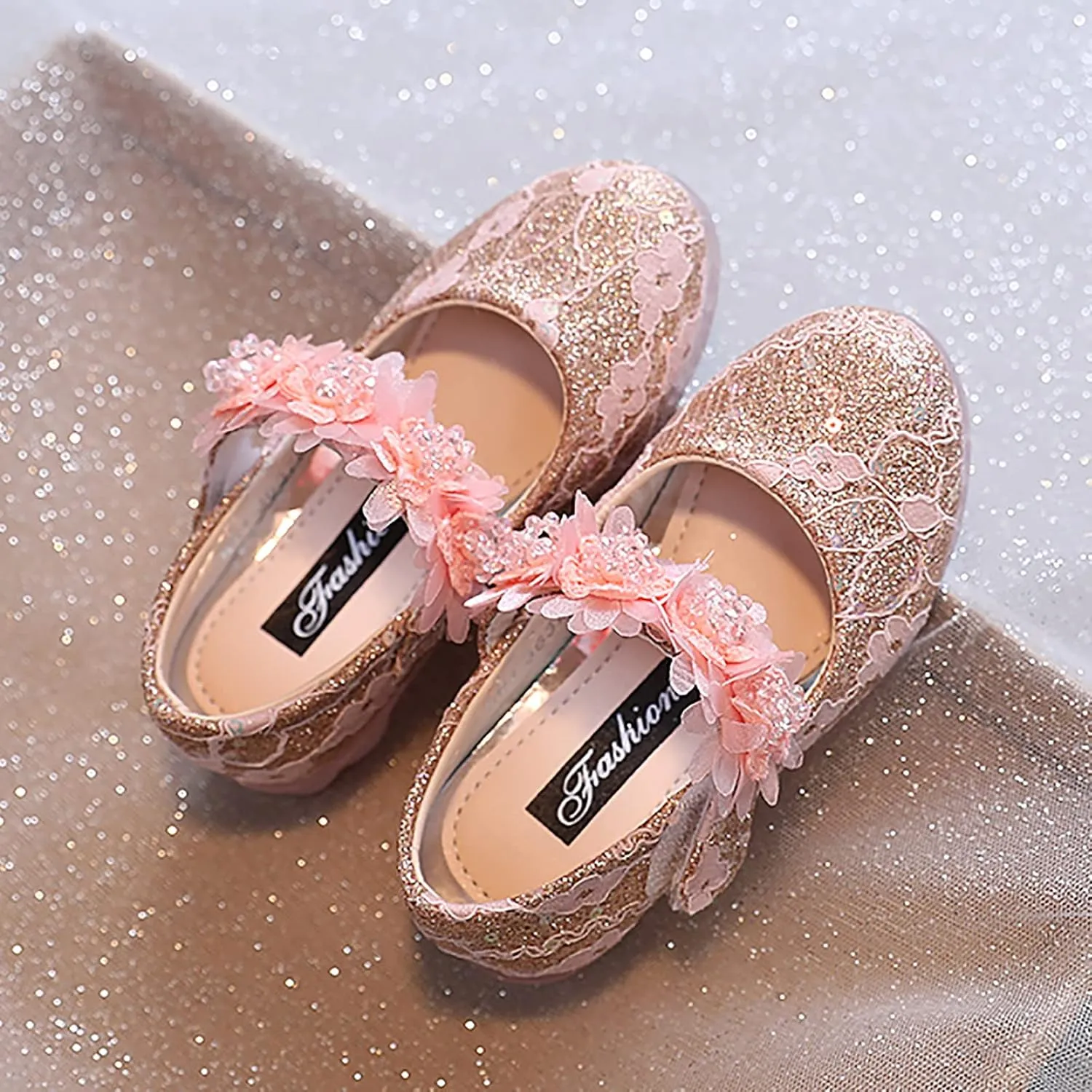 Girls Dress Shoes Glitter Shoe Flower Mary Jane Low Heels Party Wedding Prom Footwear for Toddler Kids