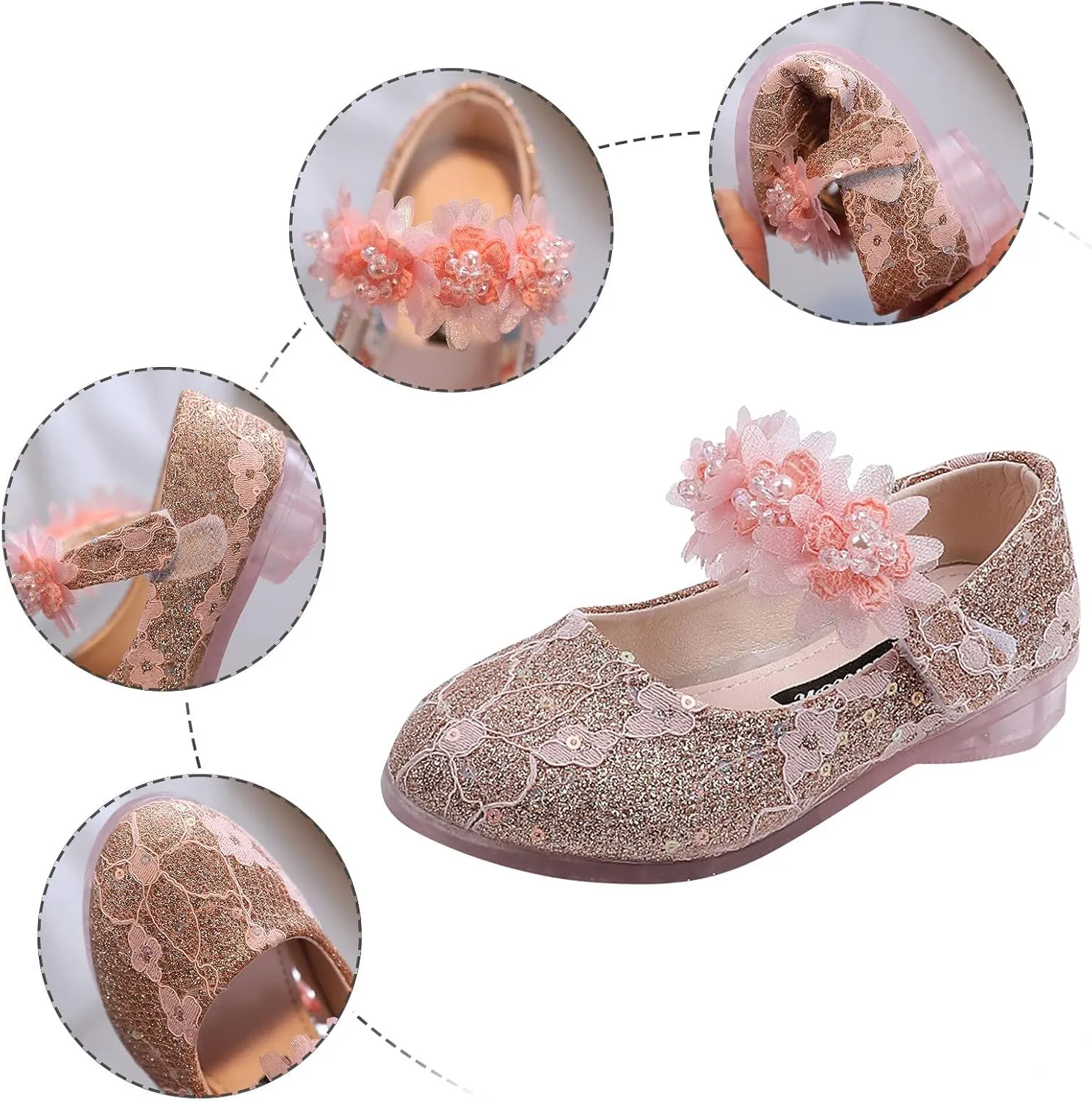 Girls Dress Shoes Glitter Shoe Flower Mary Jane Low Heels Party Wedding Prom Footwear for Toddler Kids