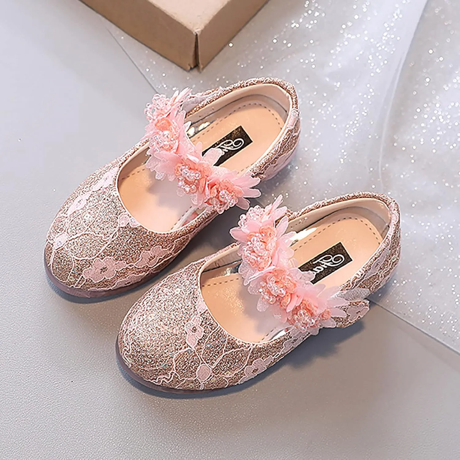 Girls Dress Shoes Glitter Shoe Flower Mary Jane Low Heels Party Wedding Prom Footwear for Toddler Kids