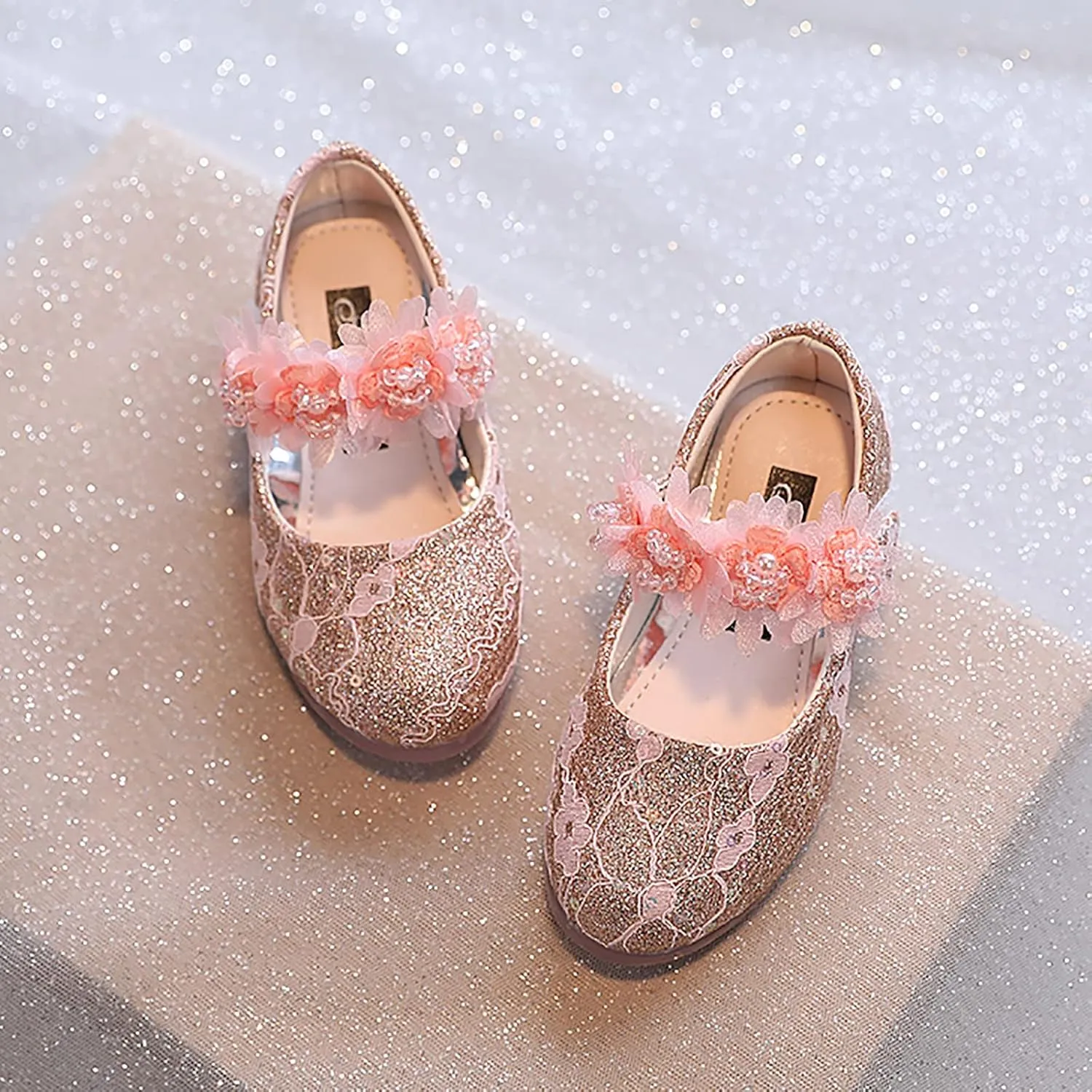 Girls Dress Shoes Glitter Shoe Flower Mary Jane Low Heels Party Wedding Prom Footwear for Toddler Kids