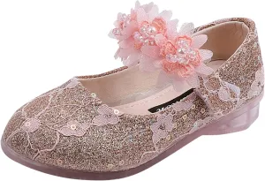 Girls Dress Shoes Glitter Shoe Flower Mary Jane Low Heels Party Wedding Prom Footwear for Toddler Kids