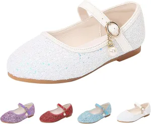 Girl's Dress Shoes Mary Jane Glitter Heel Wedding Bow Princess White Shoes for Toddler/Little/Big Kids