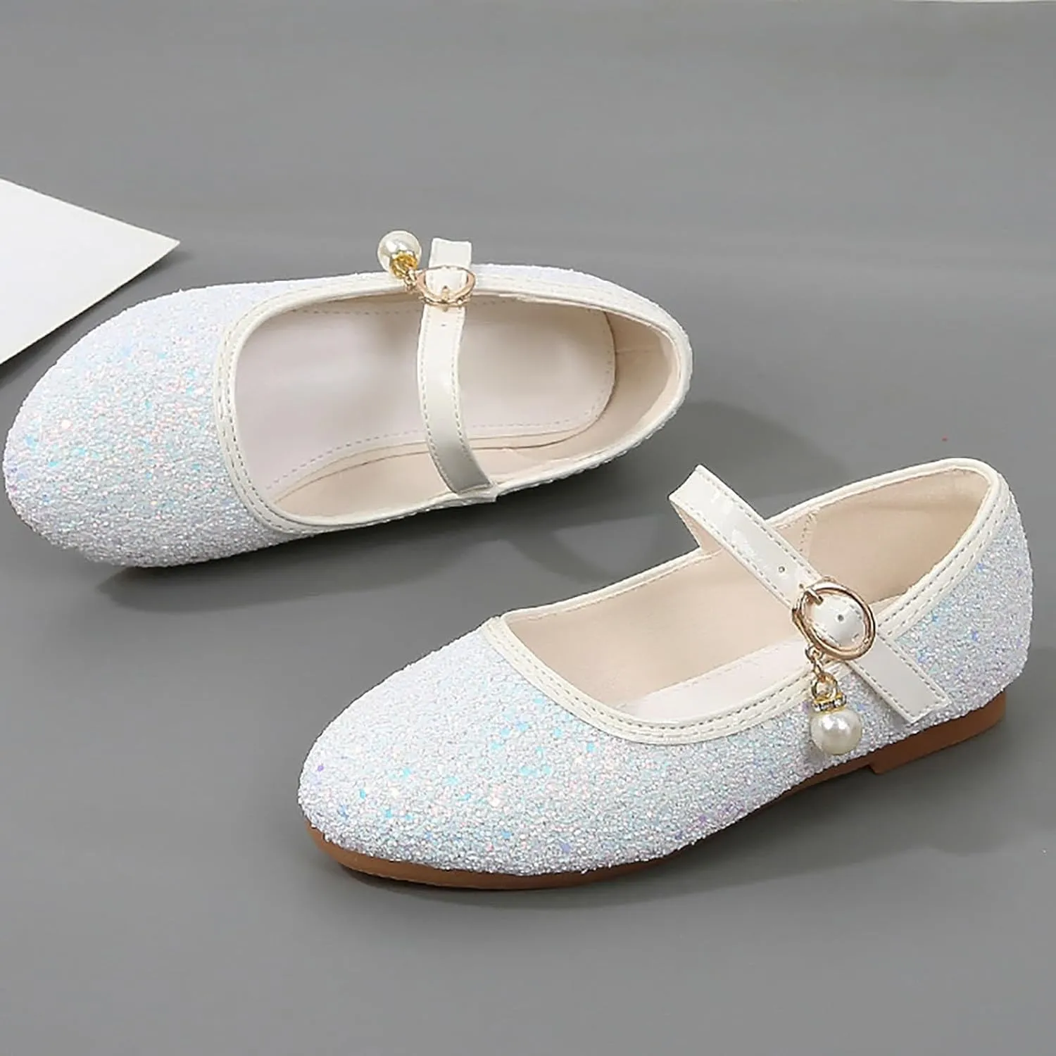Girl's Dress Shoes Mary Jane Glitter Heel Wedding Bow Princess White Shoes for Toddler/Little/Big Kids