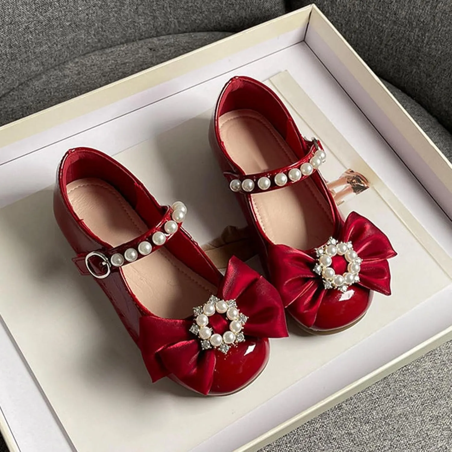 Girls Dress Shoes with Pearls Bow Toddler Mary Jane Flats Flower Girl Shoes for Wedding Party Shoes Ballet Shoes
