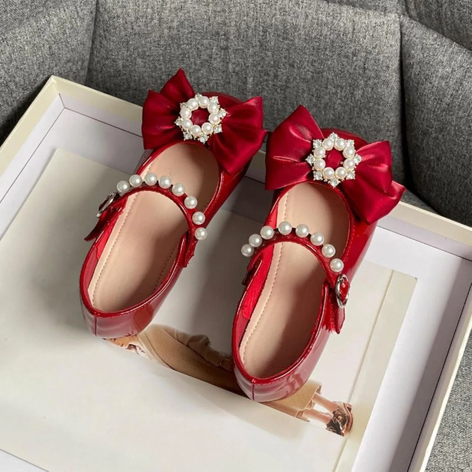 Girls Dress Shoes with Pearls Bow Toddler Mary Jane Flats Flower Girl Shoes for Wedding Party Shoes Ballet Shoes