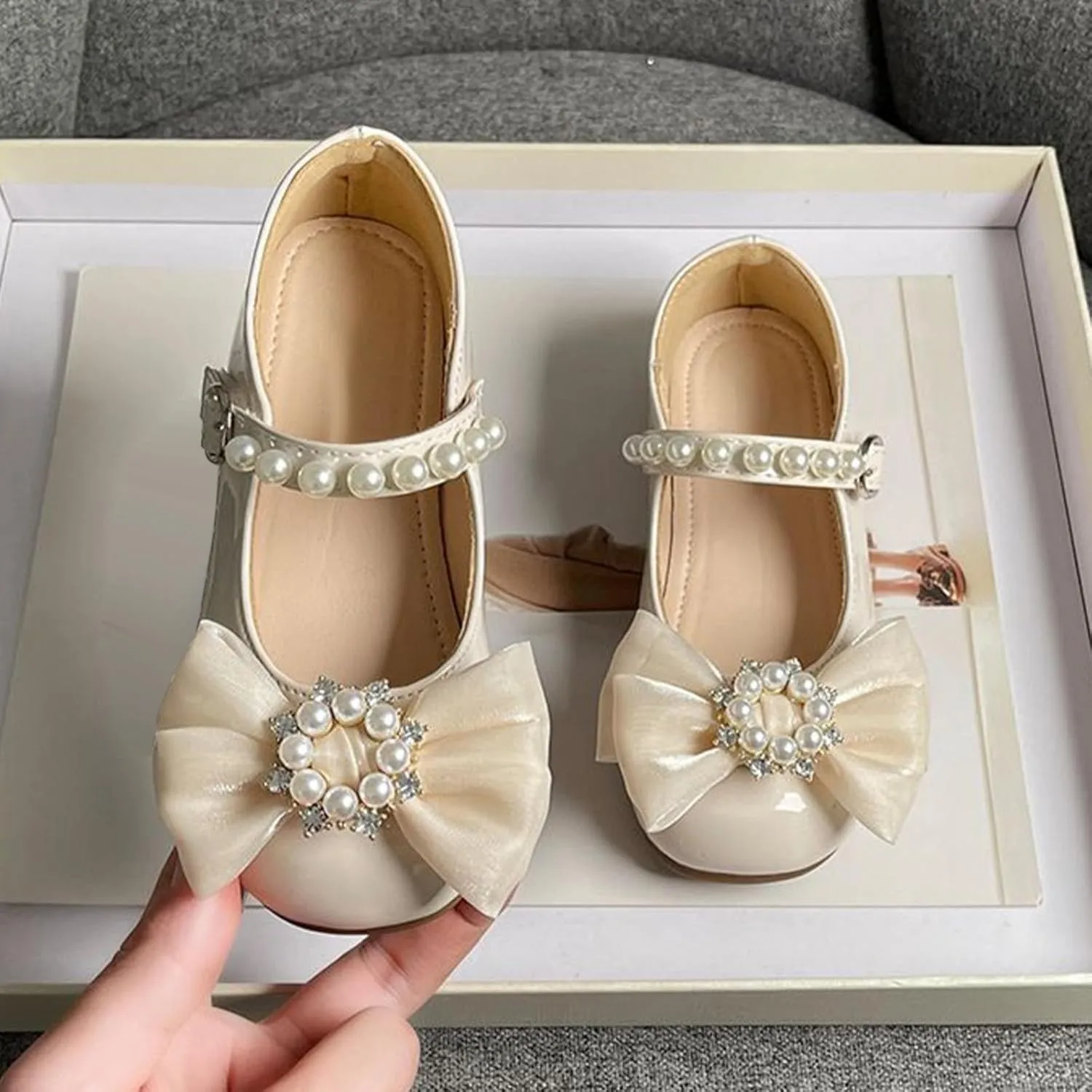 Girls Dress Shoes with Pearls Bow Toddler Mary Jane Flats Flower Girl Shoes for Wedding Party Shoes Ballet Shoes