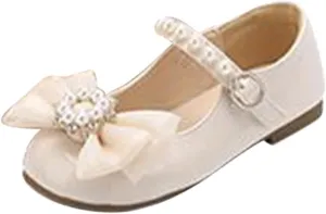 Girls Dress Shoes with Pearls Bow Toddler Mary Jane Flats Flower Girl Shoes for Wedding Party Shoes Ballet Shoes