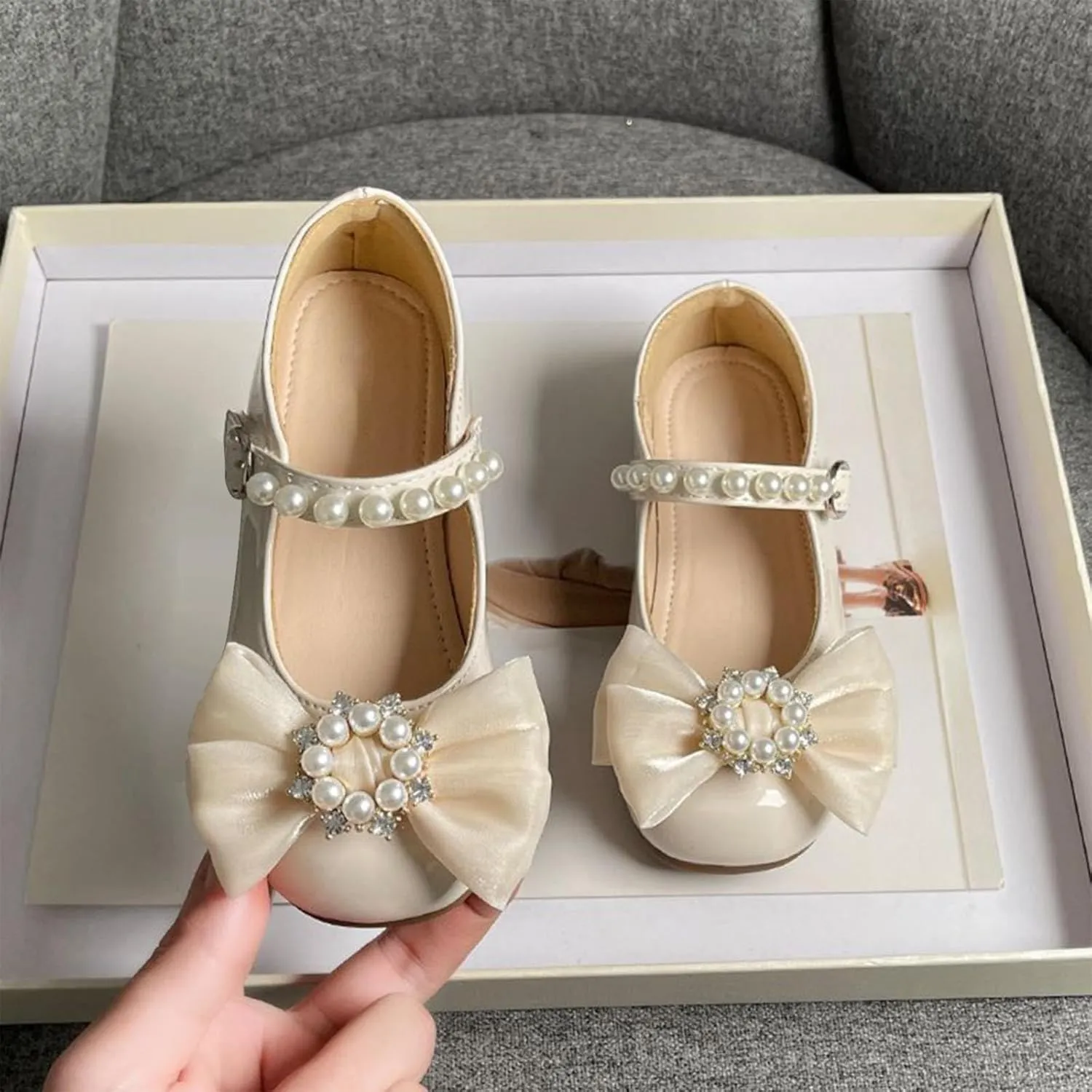 Girls Dress Shoes with Pearls Bow Toddler Mary Jane Flats Flower Girl Shoes for Wedding Party Shoes Ballet Shoes