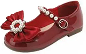 Girls Dress Shoes with Pearls Bow Toddler Mary Jane Flats Flower Girl Shoes for Wedding Party Shoes Ballet Shoes