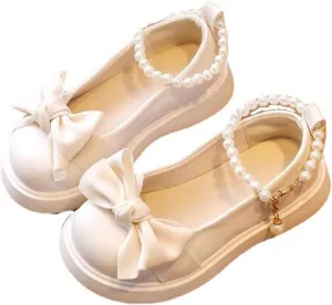 Girls Flat Shoes Princess Bowknot Dress Up Shoes Kids Thick Soft Sole Leather Heel Wedding Shoes with Pearl Buckle