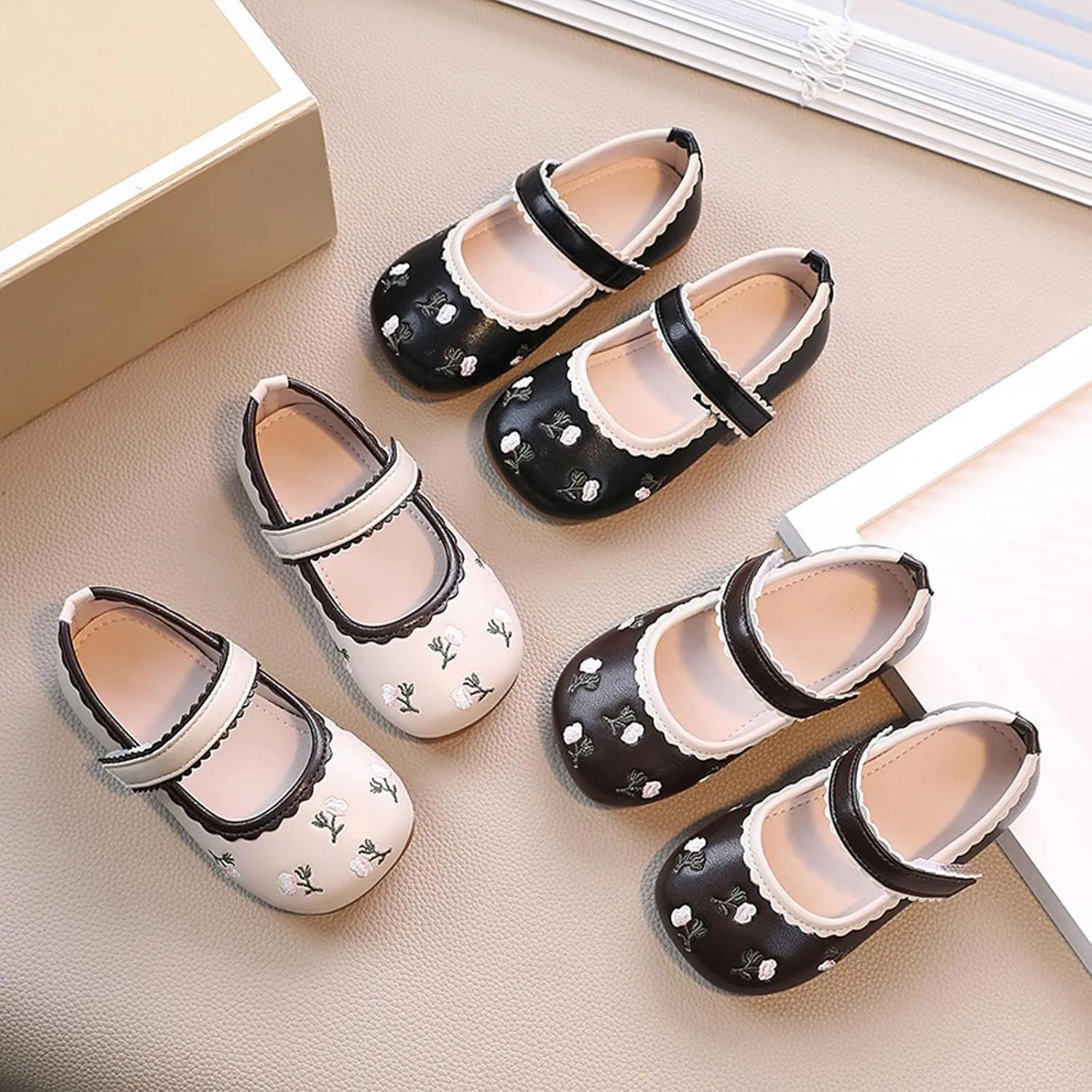 Girls Infant Mary Jane Ballet Soft Flat Toddler Big Kids Dress Comfortable Round Toe Floral Embroidery Shoes