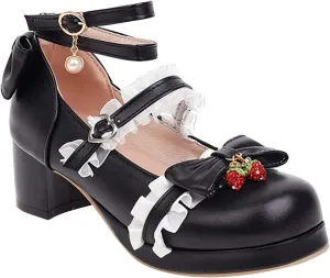 Girls Kawaii Dress Shoes Bow Pearl Chunky Heel Platform Pumps Kids Cute Lace Ankle Strap Little Girls Slippers