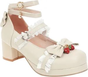 Girls Kawaii Dress Shoes Bow Pearl Chunky Heel Platform Pumps Kids Cute Lace Ankle Strap Little Girls Slippers