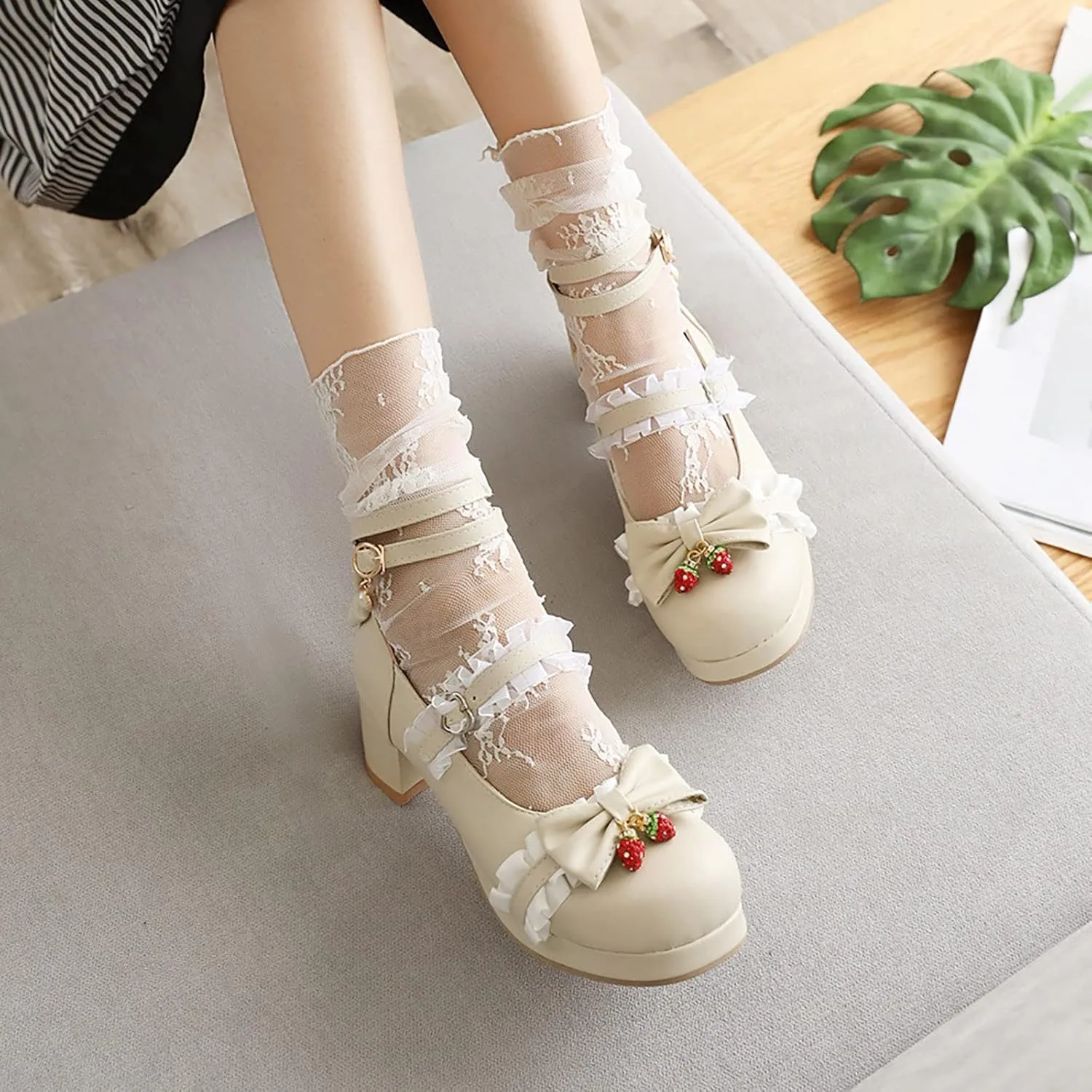 Girls Kawaii Dress Shoes Bow Pearl Chunky Heel Platform Pumps Kids Cute Lace Ankle Strap Little Girls Slippers