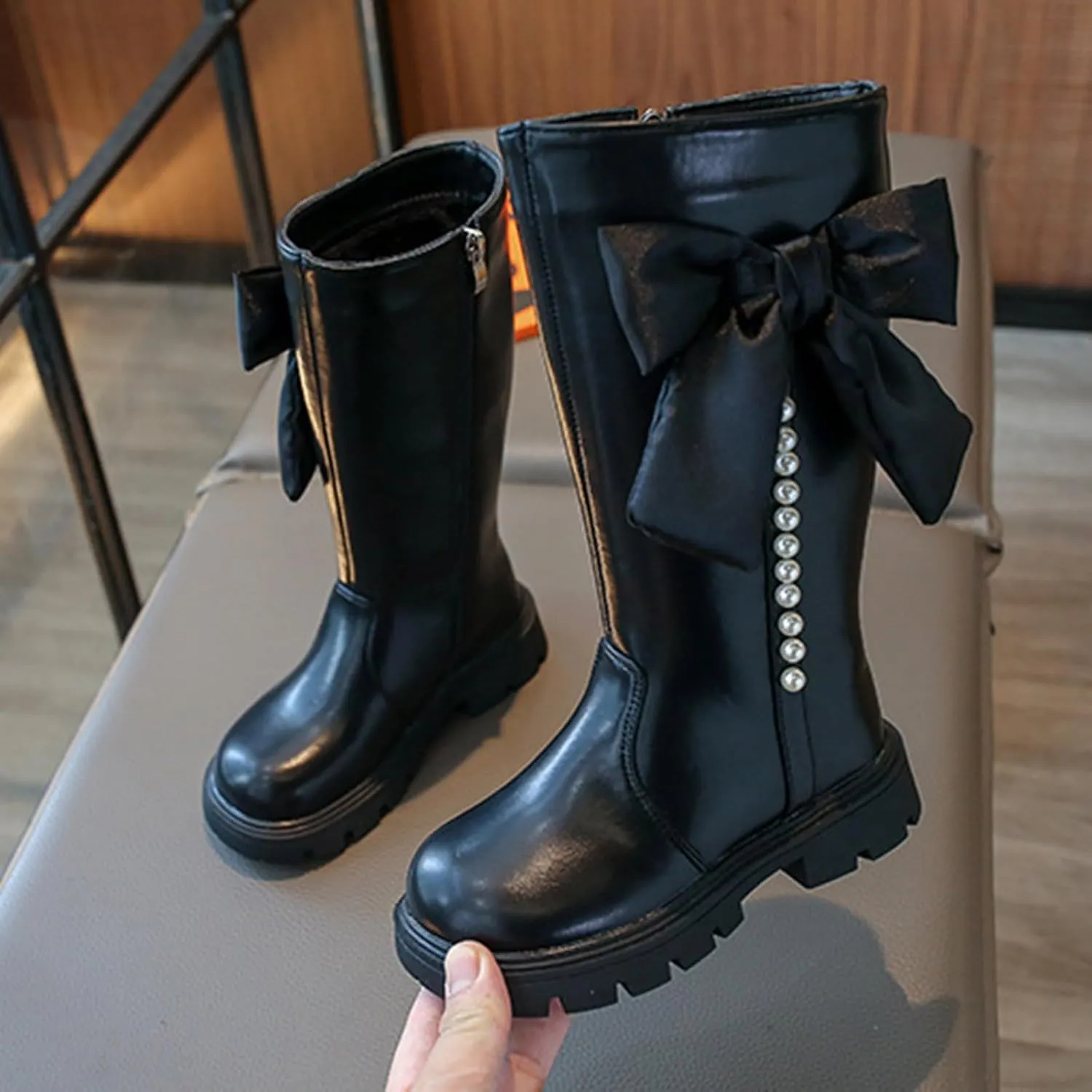 Girl's Knee High Winter Boots Bowknot Warm Faux Fur Lined Snow Boots Low Heels Lug Sole Riding Boot with Side Zipper
