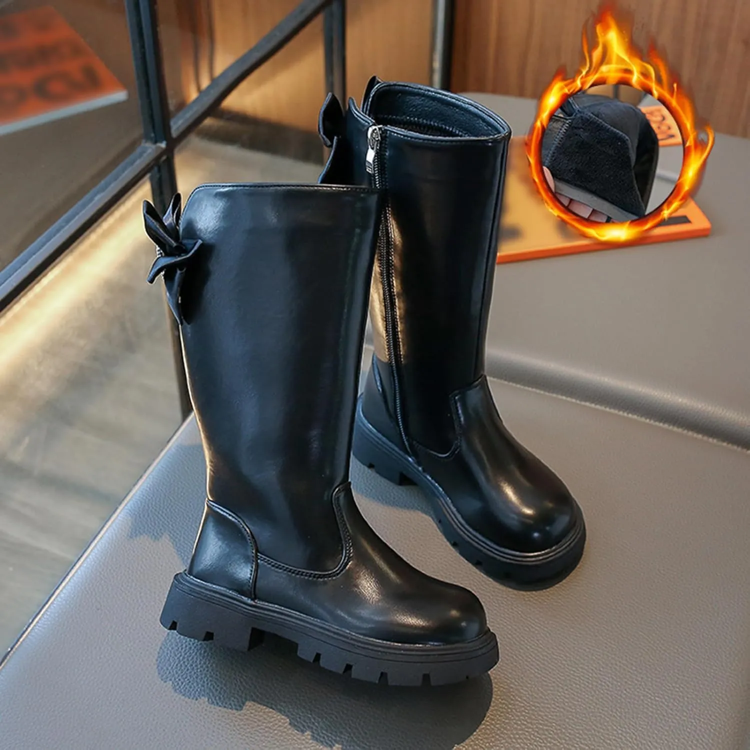 Girl's Knee High Winter Boots Bowknot Warm Faux Fur Lined Snow Boots Low Heels Lug Sole Riding Boot with Side Zipper