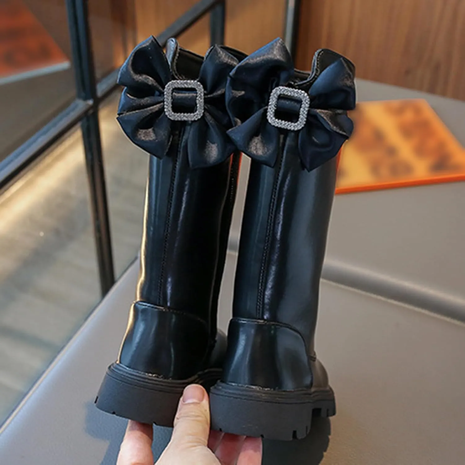 Girl's Knee High Winter Boots Bowknot Warm Faux Fur Lined Snow Boots Low Heels Lug Sole Riding Boot with Side Zipper