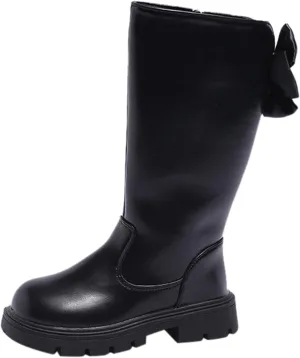 Girl's Knee High Winter Boots Bowknot Warm Faux Fur Lined Snow Boots Low Heels Lug Sole Riding Boot with Side Zipper